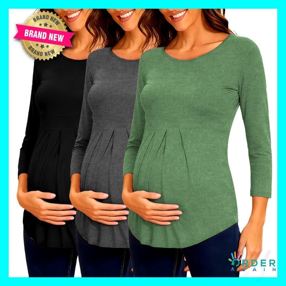 Maternity Shirts 3-Pack Short Sleeve Tops Empire Waist Pleated Front Chic Casual